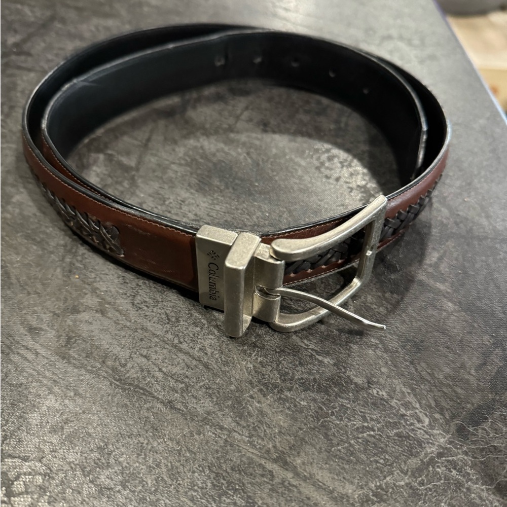 Columbia Men’s Brown and Black Genuine Leather Woven Trim Belt Size 36